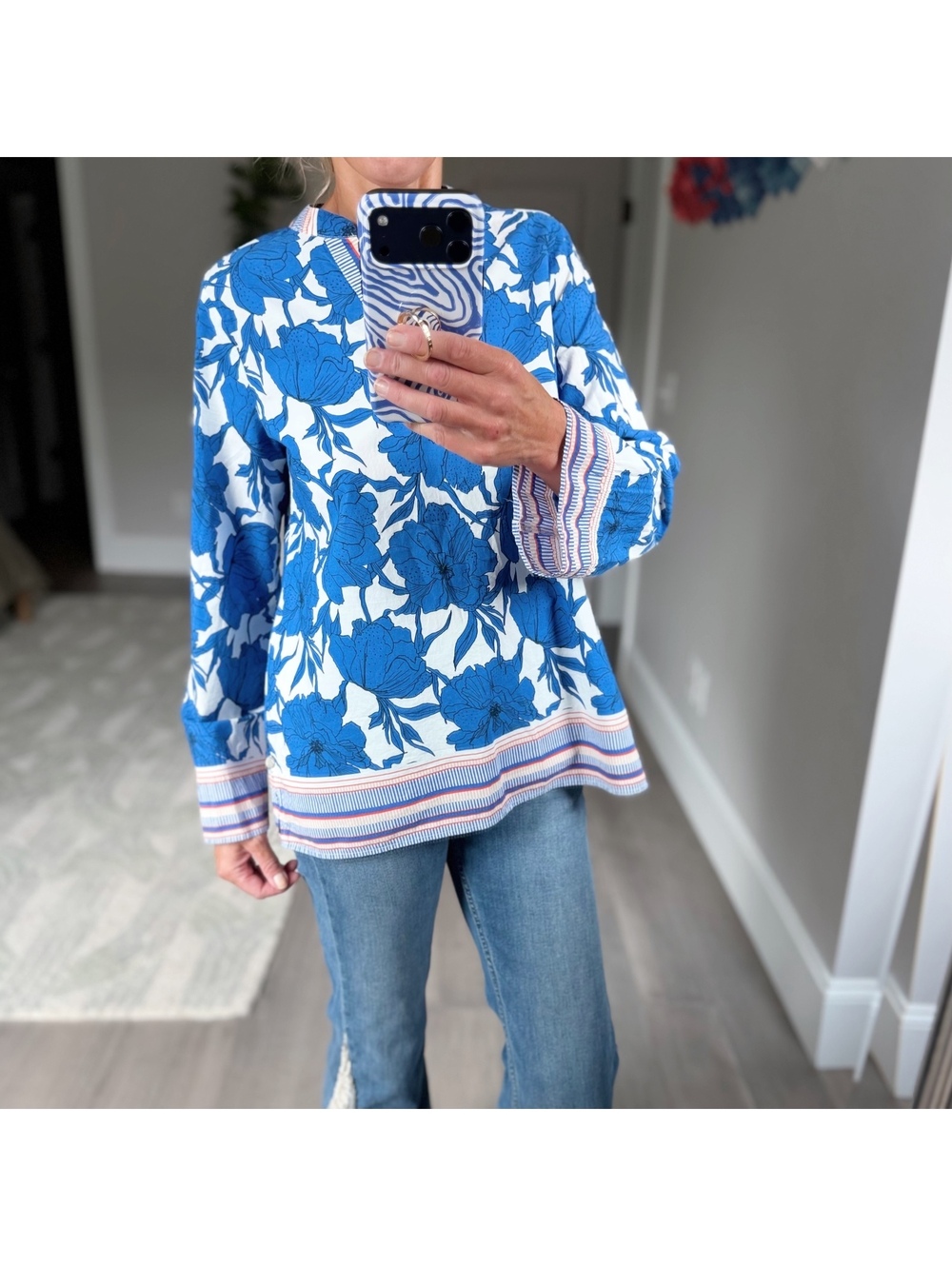 Milano Italy Blue Floral Print Long Sleeve Tunic Top Size 38 | Small